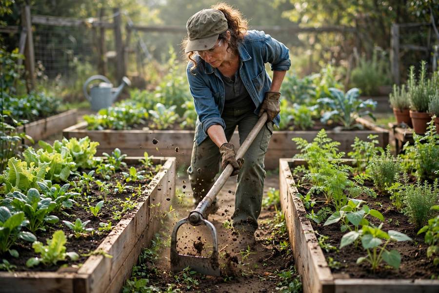 Gardener using a stirrup hoe to weed between rows in a raised bed vegetable garden