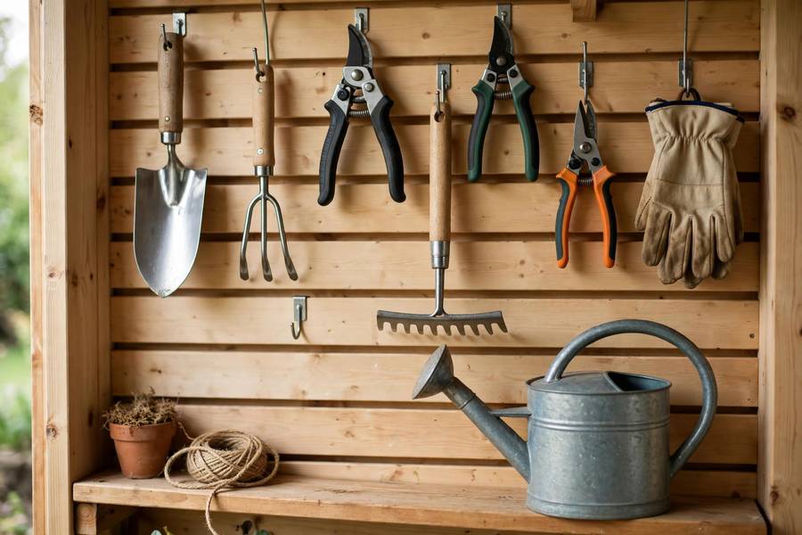 Organized garden shed wall with hanging hand tools, trowels, pruners, and a watering can