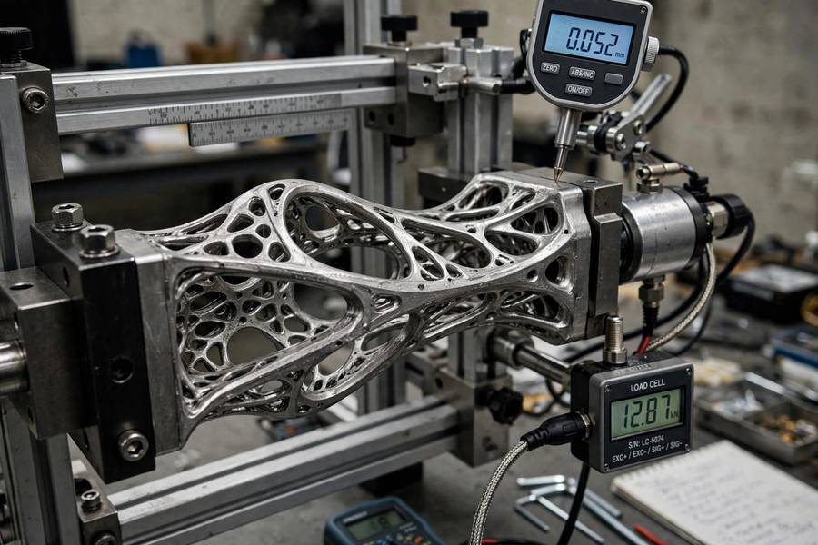 A generative design case study part undergoing physical testing in a laboratory rig