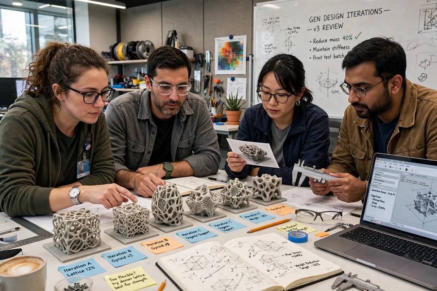 Engineers reviewing physical prototypes in a generative design case study meeting