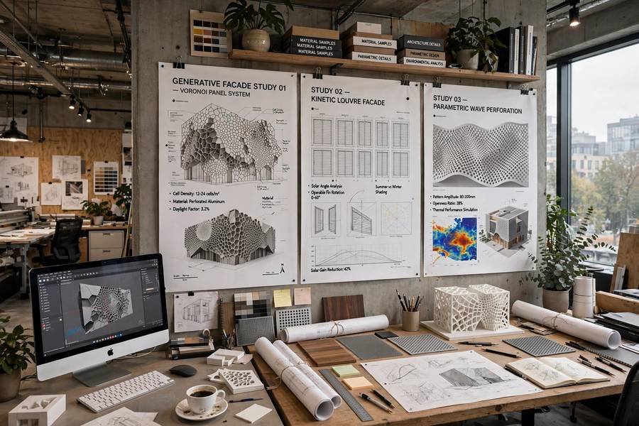 Architecture studio displaying generative design case study facade options on the wall