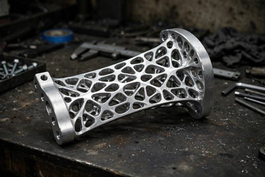 A generative design car seat bracket with an organic lattice structure, a real generative design example