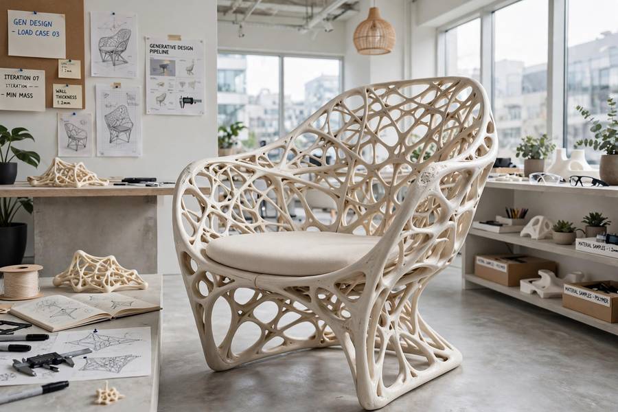 A chair with an organic frame created through generative design, one of the most famous generative design examples