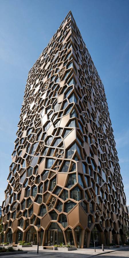 A building facade designed using generative design methods, showing complex parametric style patterns