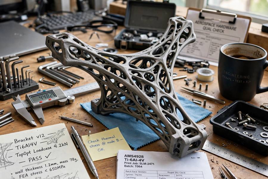 A 3D printed titanium aerospace bracket, a generative design example optimized for weight and strength