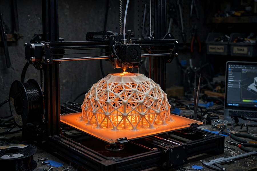 A 3D printer building a lattice structure, showing how generative design for 3D printing creates complex geometry