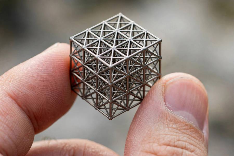 A titanium lattice cube, a classic example of generative design for 3D printing capabilities