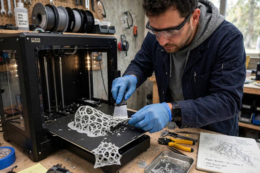 An engineer removing a generative design bracket from a 3D printer, the final step of generative design for 3D printing