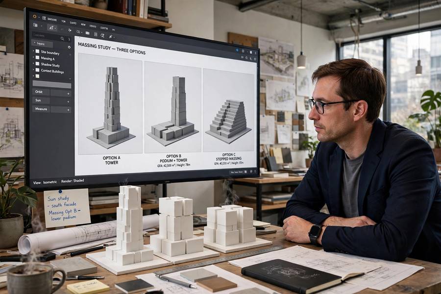 An architect reviewing generative design building options on screen for an architecture project