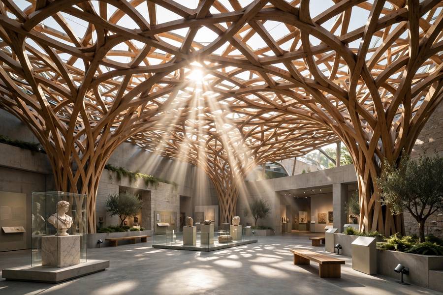 Museum interior with a lattice roof created using generative design in architecture