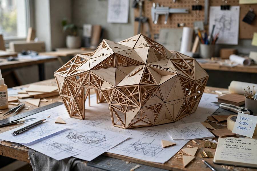A physical model of a pavilion with geometric paneling produced through generative design in architecture