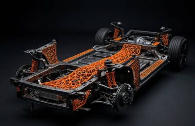 Car chassis featuring generative design lattice parts, showing generative design in the automotive industry