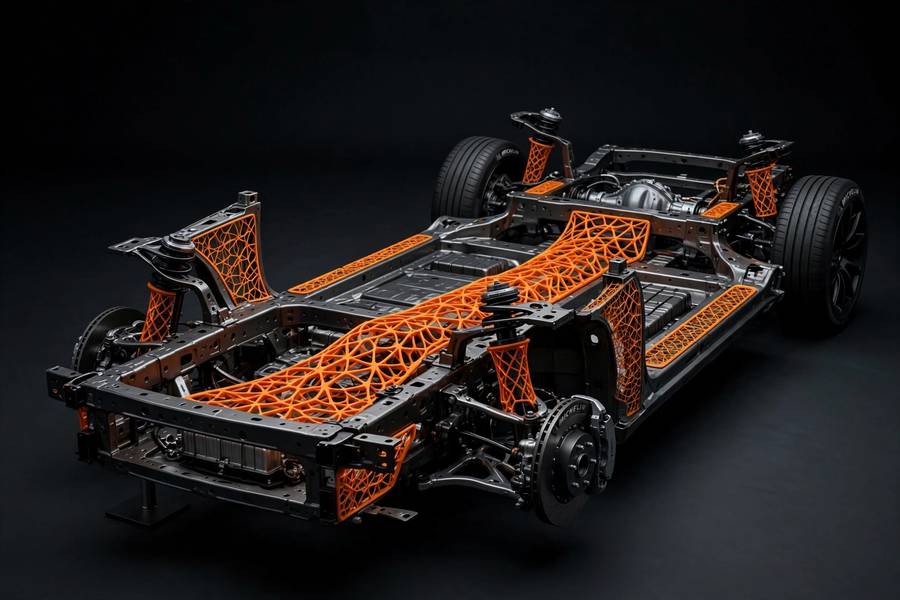 Car chassis featuring generative design lattice parts, showing generative design in the automotive industry