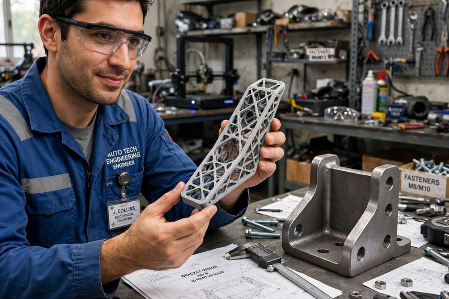 An engineer comparing a generative design bracket with a traditional part in the automotive industry