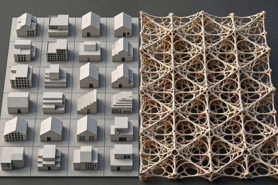 Side-by-side comparison of parametric design and generative design outputs in a 3D rendering