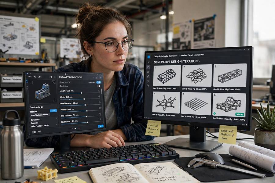 Designer comparing parametric design controls and generative design iterations on dual monitors