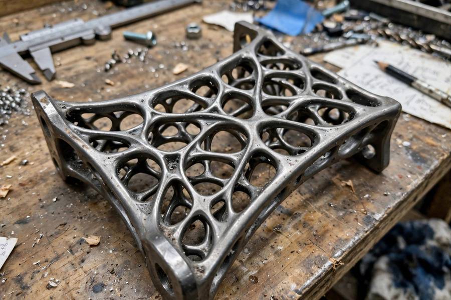 A generative design metal bracket with an organic lattice shape, contrasting with rigid parametric forms