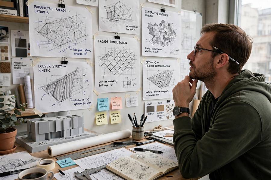 Architect studying parametric design facade patterns in a studio, an alternative to generative design methods