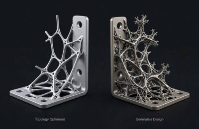 Comparison of a topology optimization result and a generative design result for the same bracket