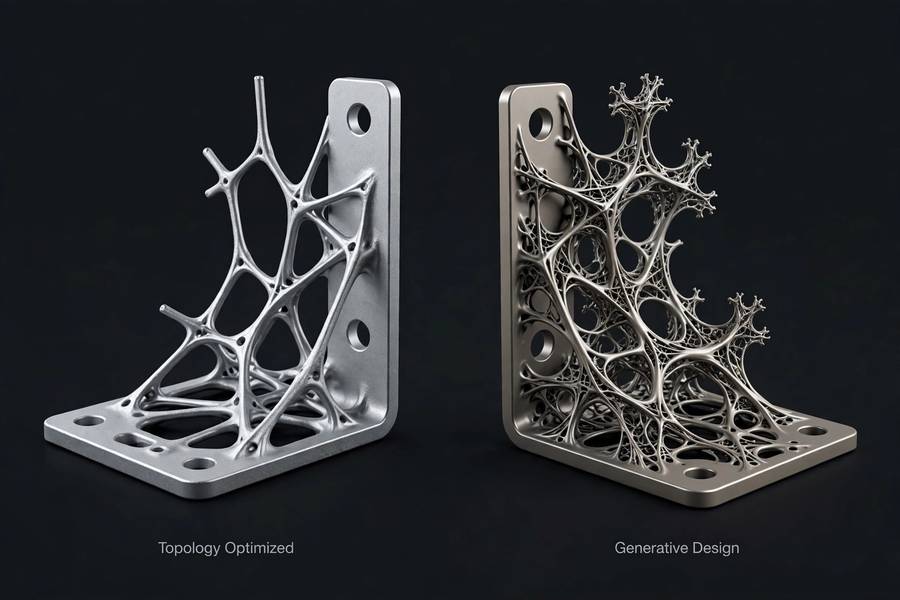 Comparison of a topology optimization result and a generative design result for the same bracket