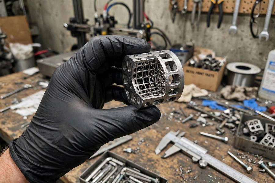 A 3D printed metal part showing internal lattice from generative design and topology optimization methods