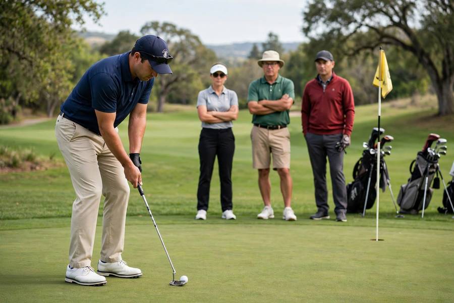 Golfers observing proper etiquette on the green during a putt