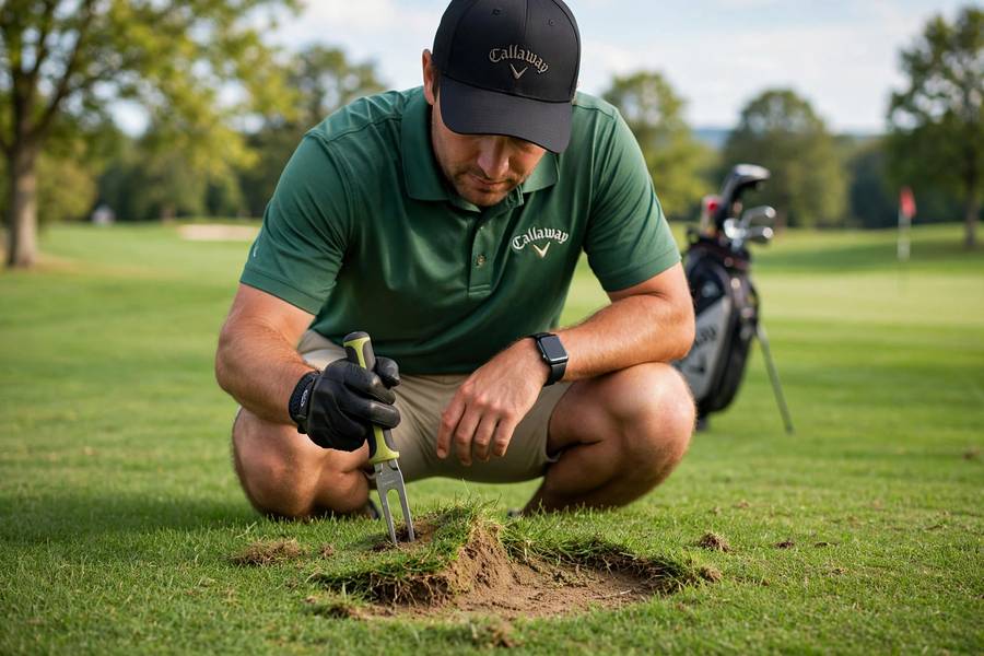 Golfer repairing a divot on the fairway