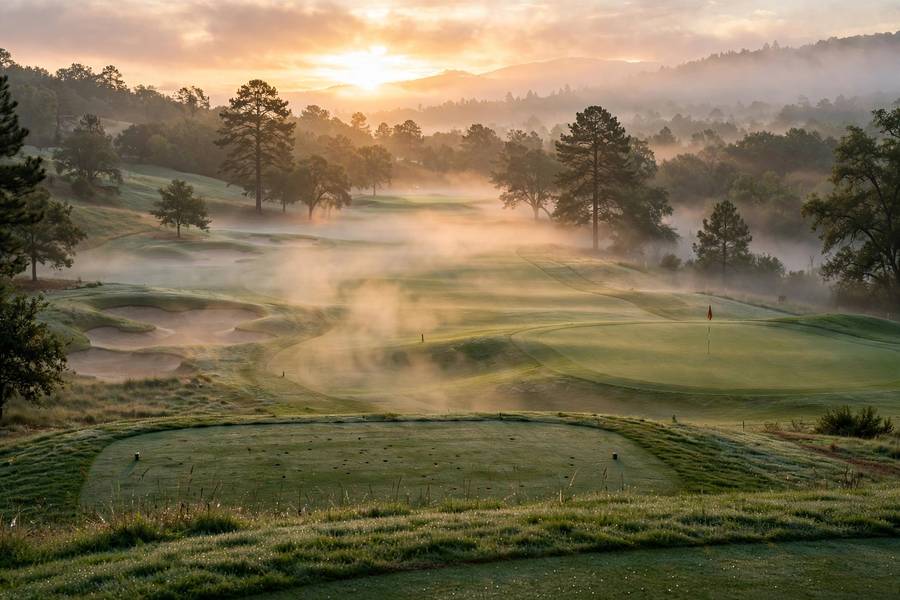 Golf course at sunrise with mist over the fairway