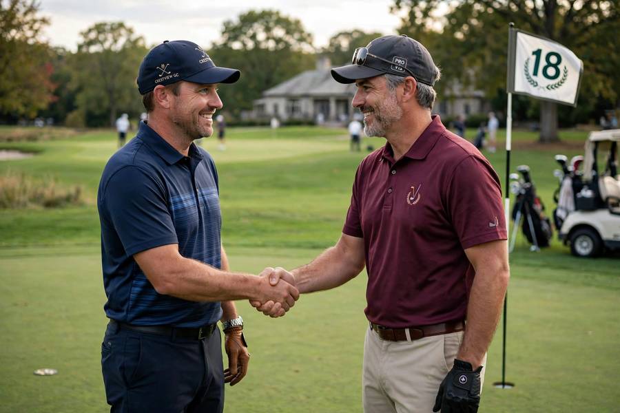 Golfers shaking hands on the 18th green after a round
