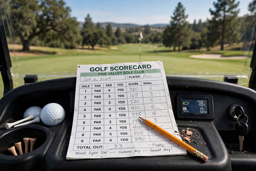 Golf scorecard and pencil on a cart with the course behind