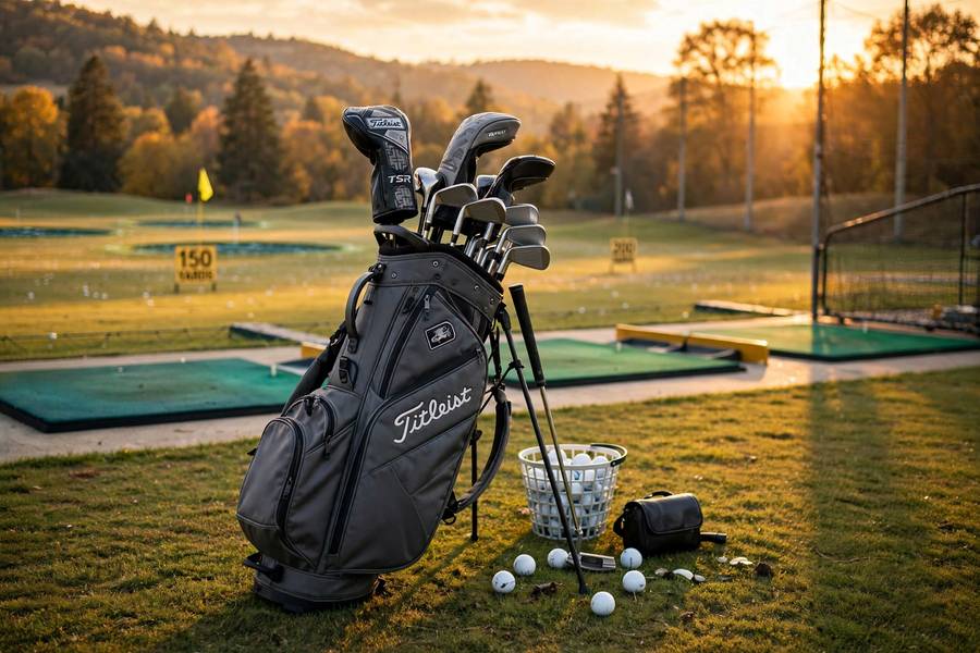 Golf clubs in a bag on the driving range at golden hour