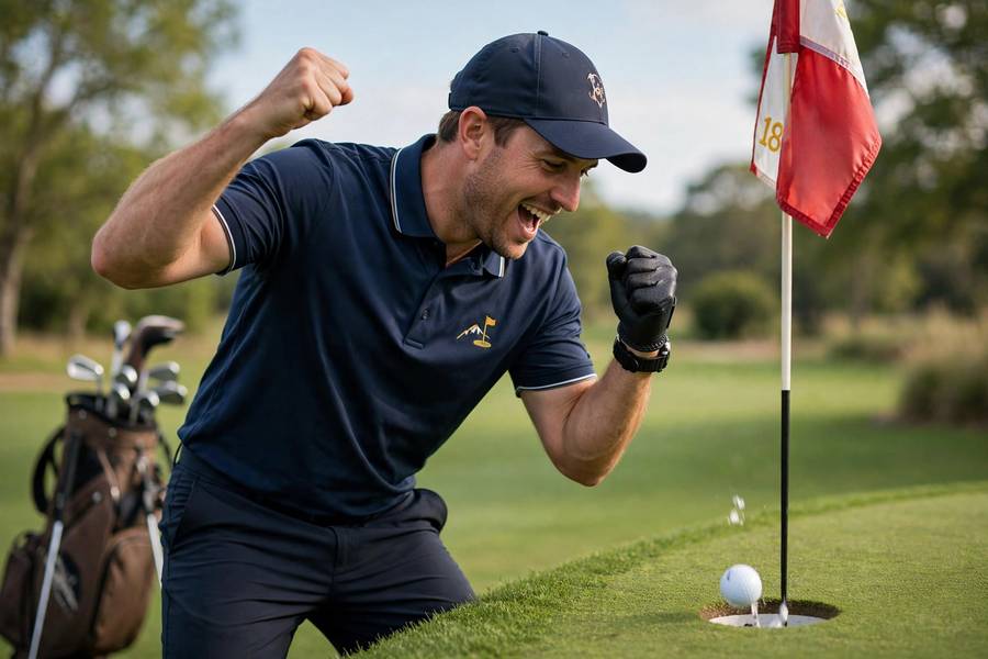 Golfer celebrating after sinking a birdie putt
