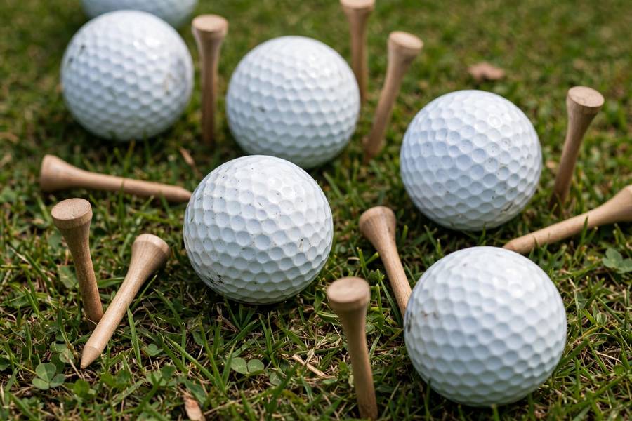 Golf balls and tees on the grass, close-up