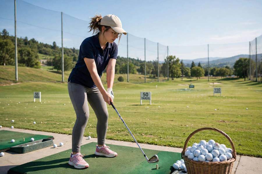 Beginner golfer practicing golf tips for beginners at a driving range