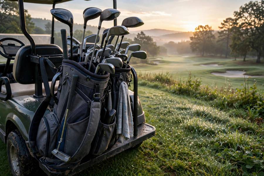 Golf bag on cart at sunrise illustrating golf tips for beginners
