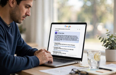 Person viewing Google search results with an AI Overview answer box on a laptop