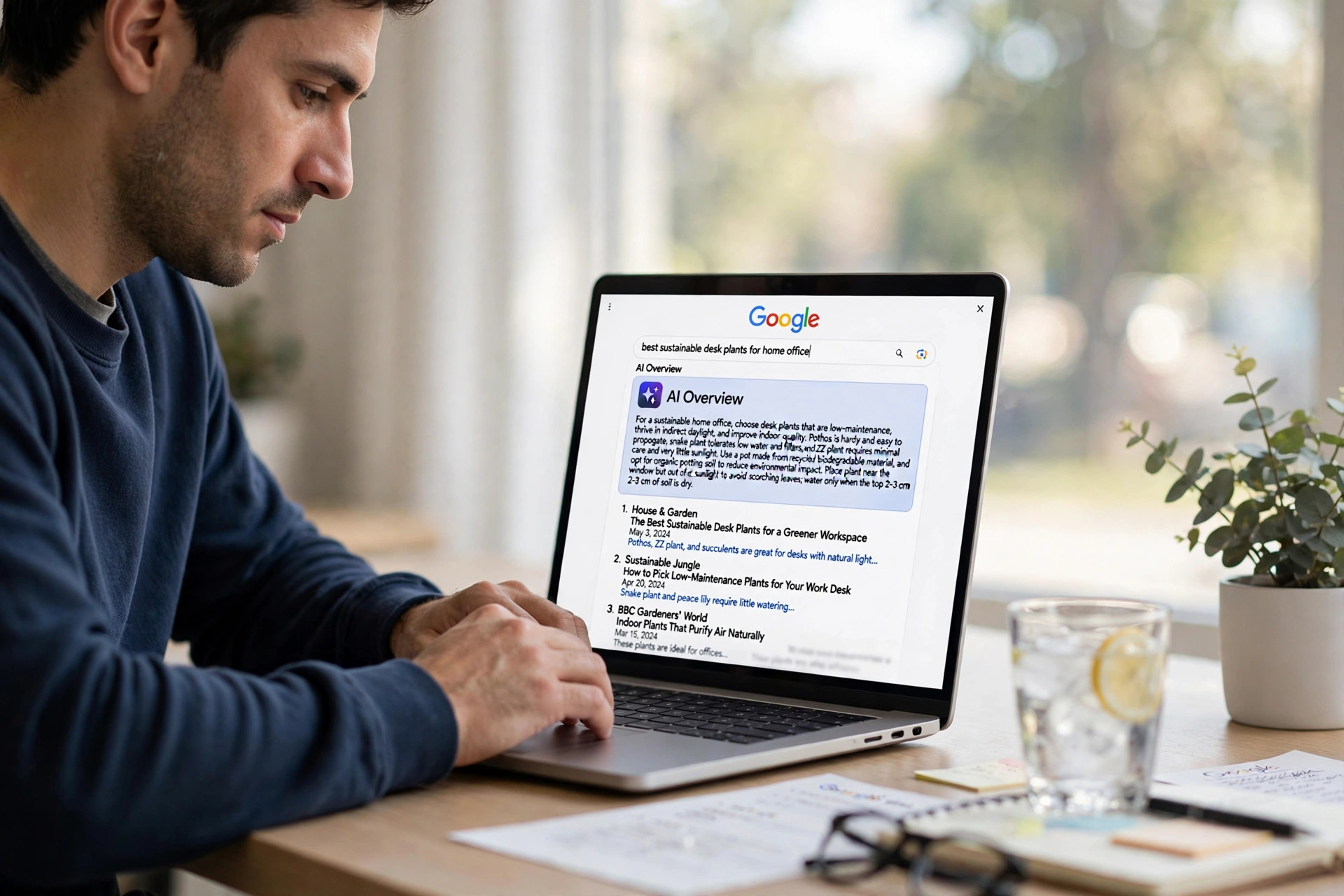 Person viewing Google search results with an AI Overview answer box on a laptop
