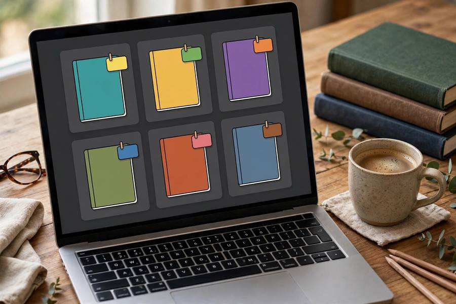 Organized digital notebooks with tags on laptop