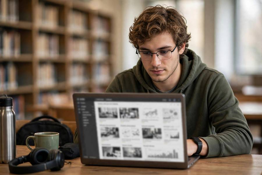 Graduate student reviewing archived research in library