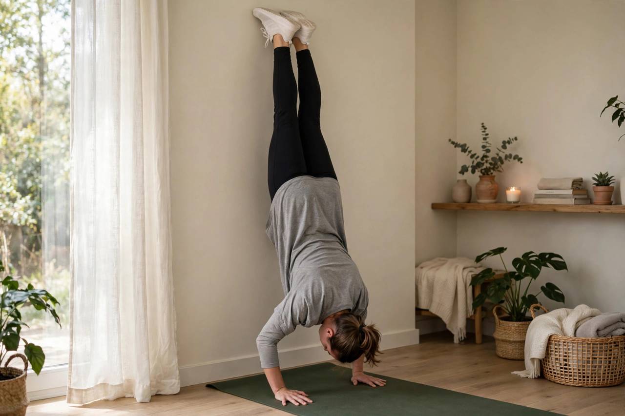 Woman practicing wall handstand holds on a yoga mat at home