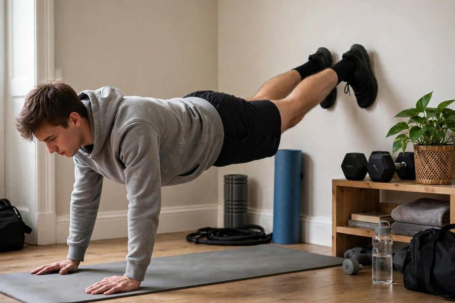 Beginner doing a wall plank as the first handstand progression step