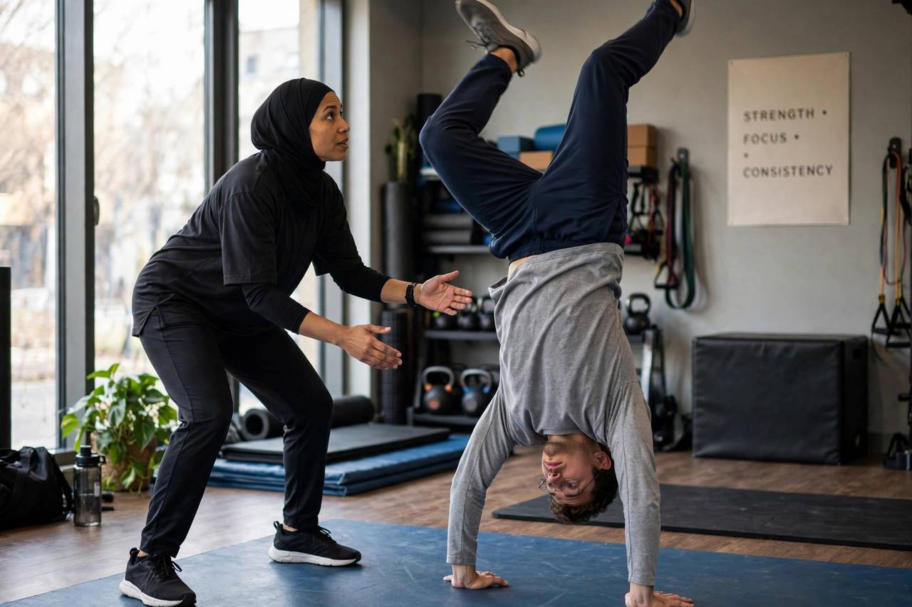 Coach spotting a beginner handstand kick-up at the gym