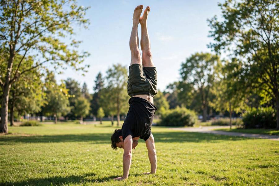 Beginner holding a short freestanding handstand on grass outdoors