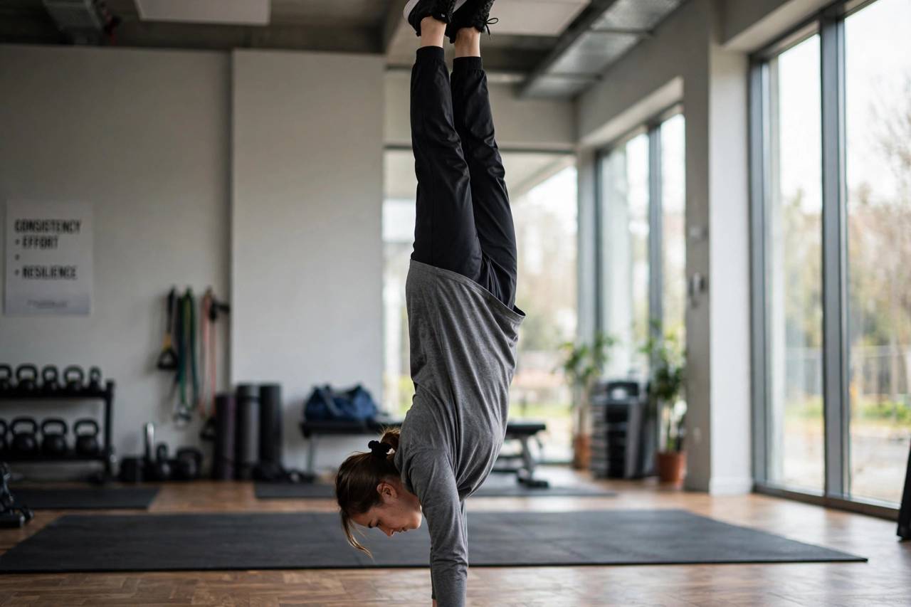 Athlete holding a long straight-line handstand in a gym
