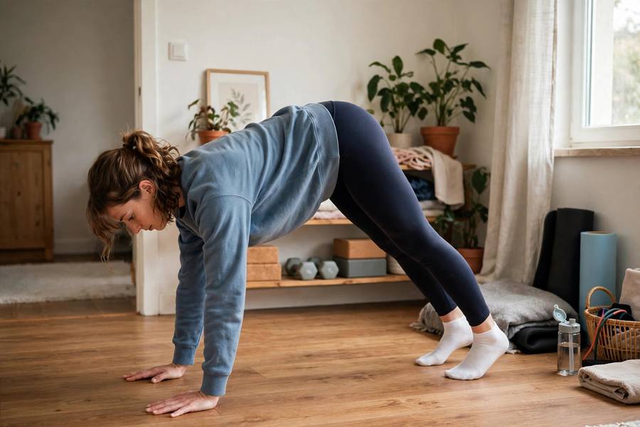 Beginner practicing pike position as level one of handstand progression
