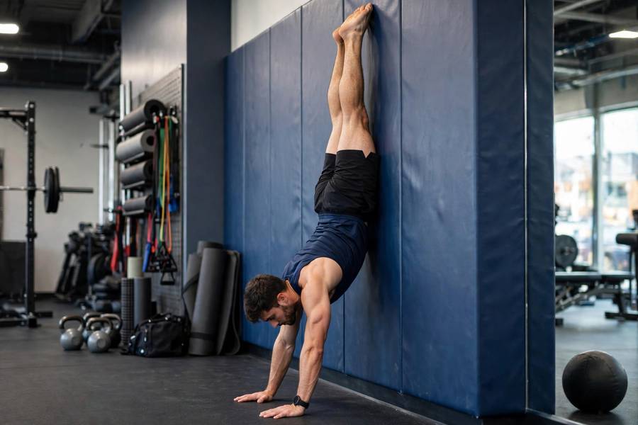 Athlete in a chest-to-wall handstand at intermediate progression level