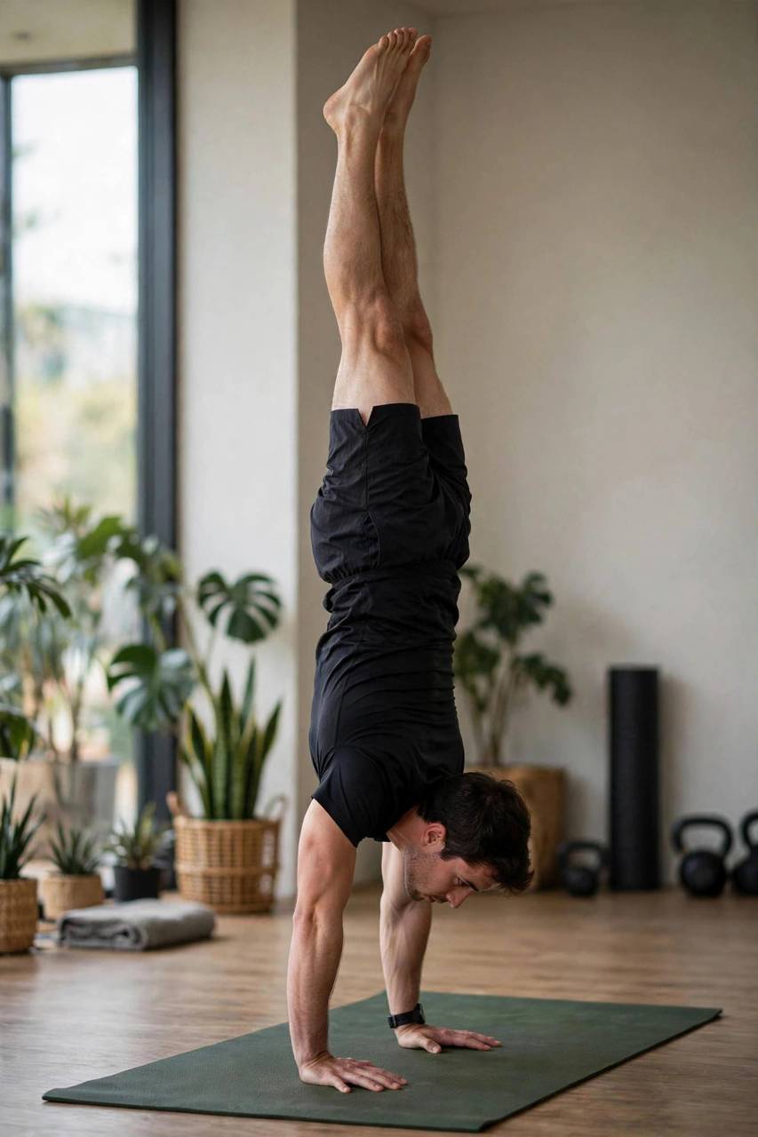 Person practicing freestanding handstand balance at advanced level