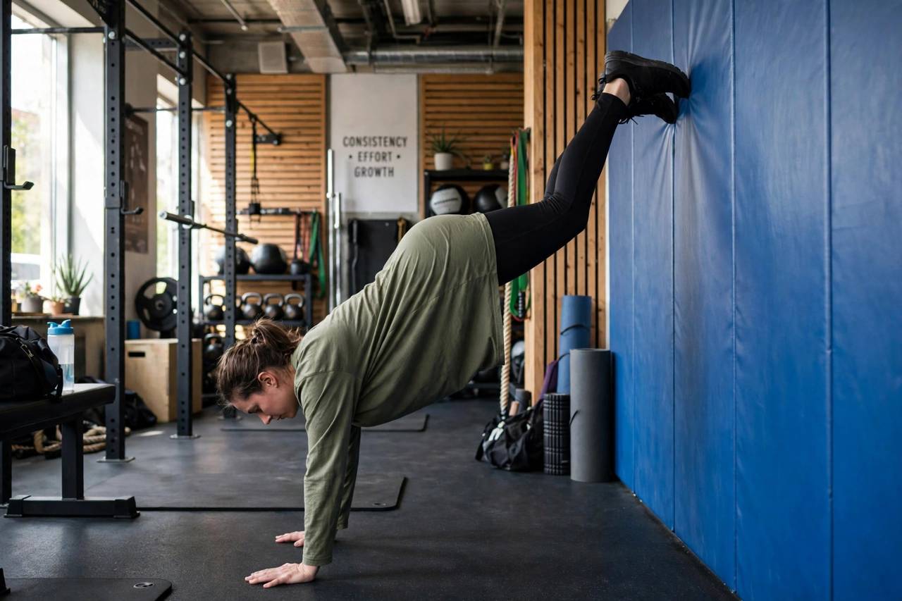 Man doing a wall walk exercise toward a handstand position