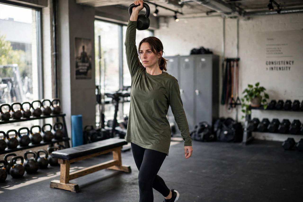 Woman doing an overhead kettlebell carry for shoulder stability