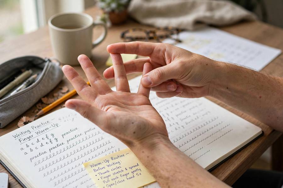 Hand warm-up stretches before writing practice